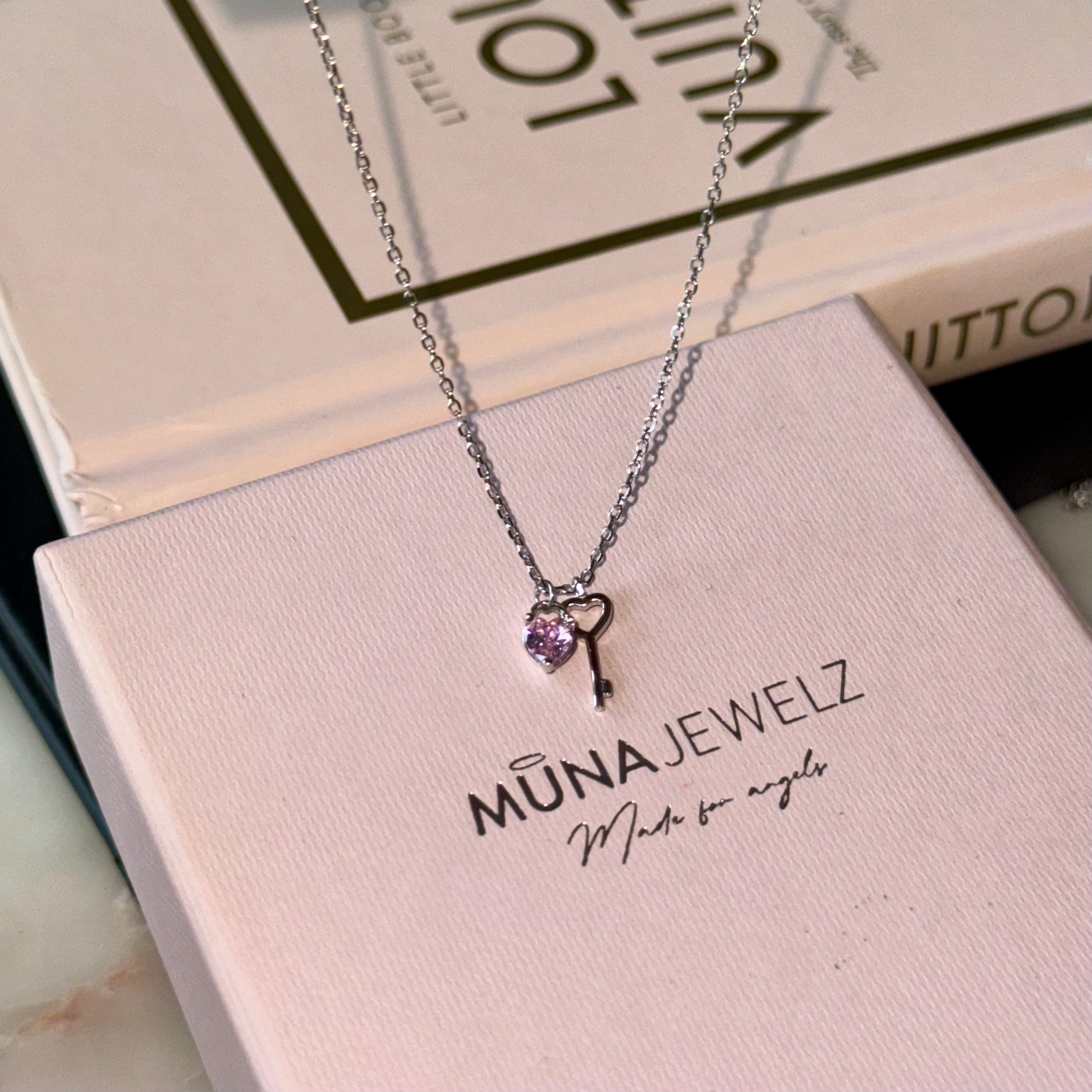 Dainty Pink Heart Key 925 Silver Necklace