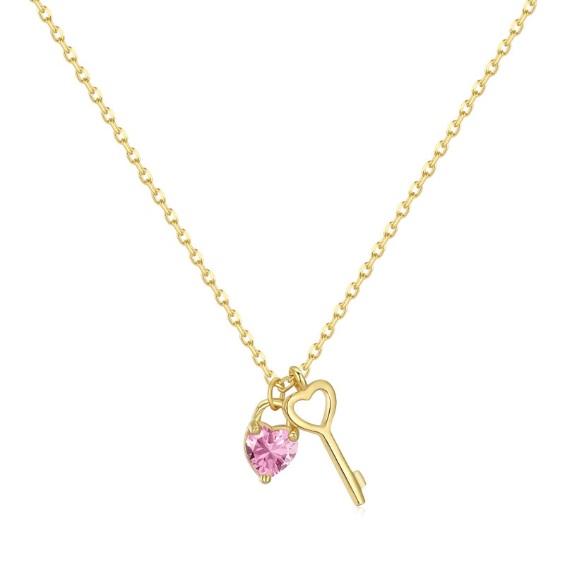 Dainty Pink Heart Key 925 Silver Necklace