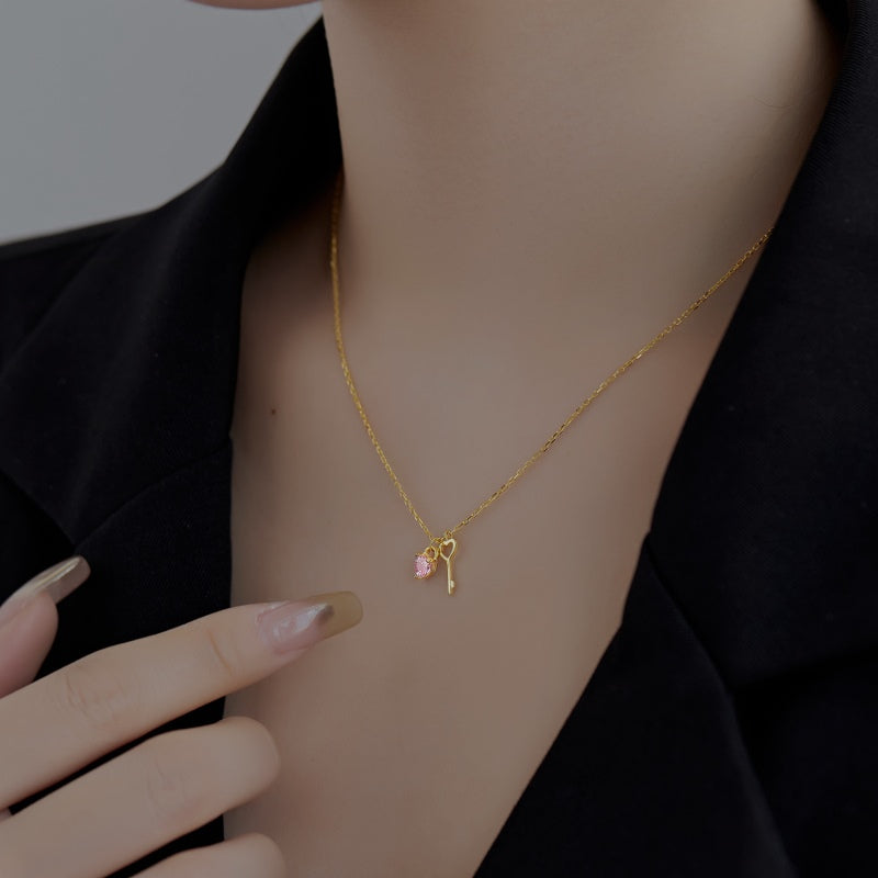 Dainty Pink Heart Key 925 Silver Necklace