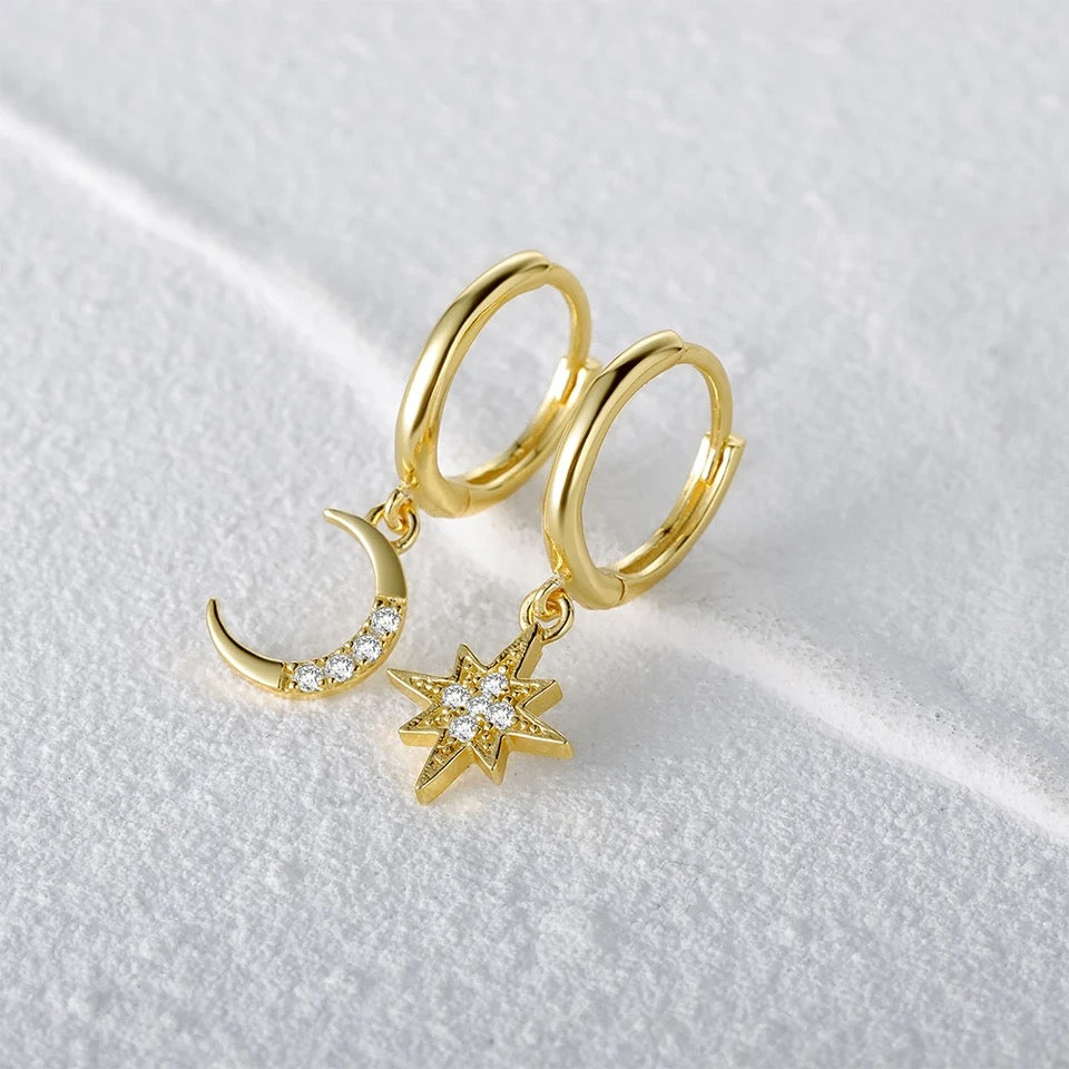 Moon and Star 925 Silver Huggies
